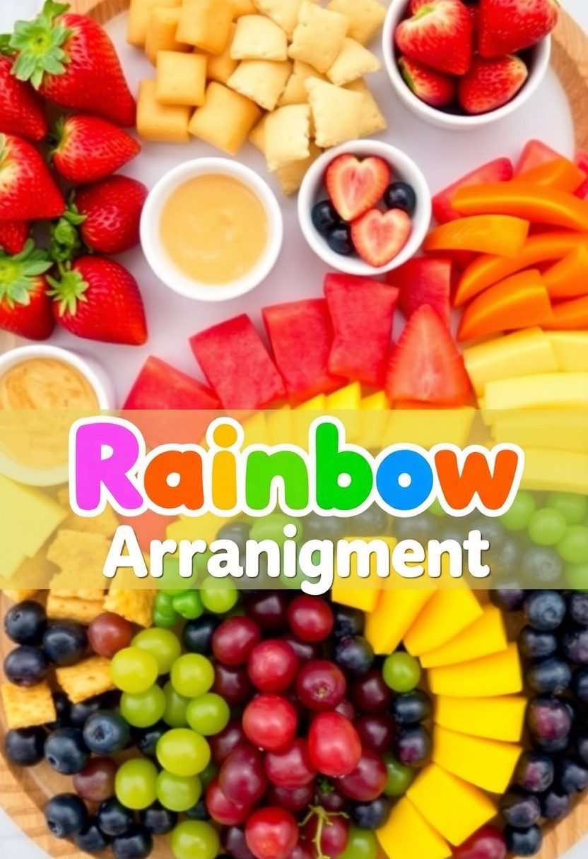 Colorful Rainbow Arrangement snack board filled with vibrant fruits, perfect for parties and healthy snacking.