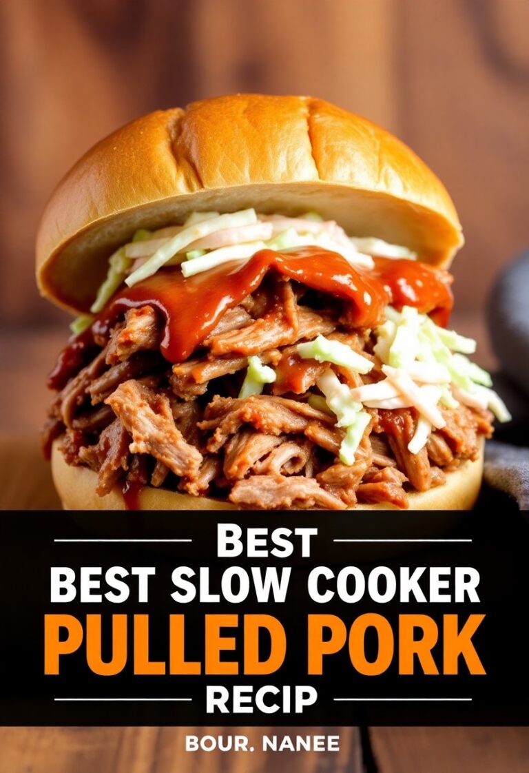 Pulled pork sandwich with slaw and BBQ sauce on a wooden plate