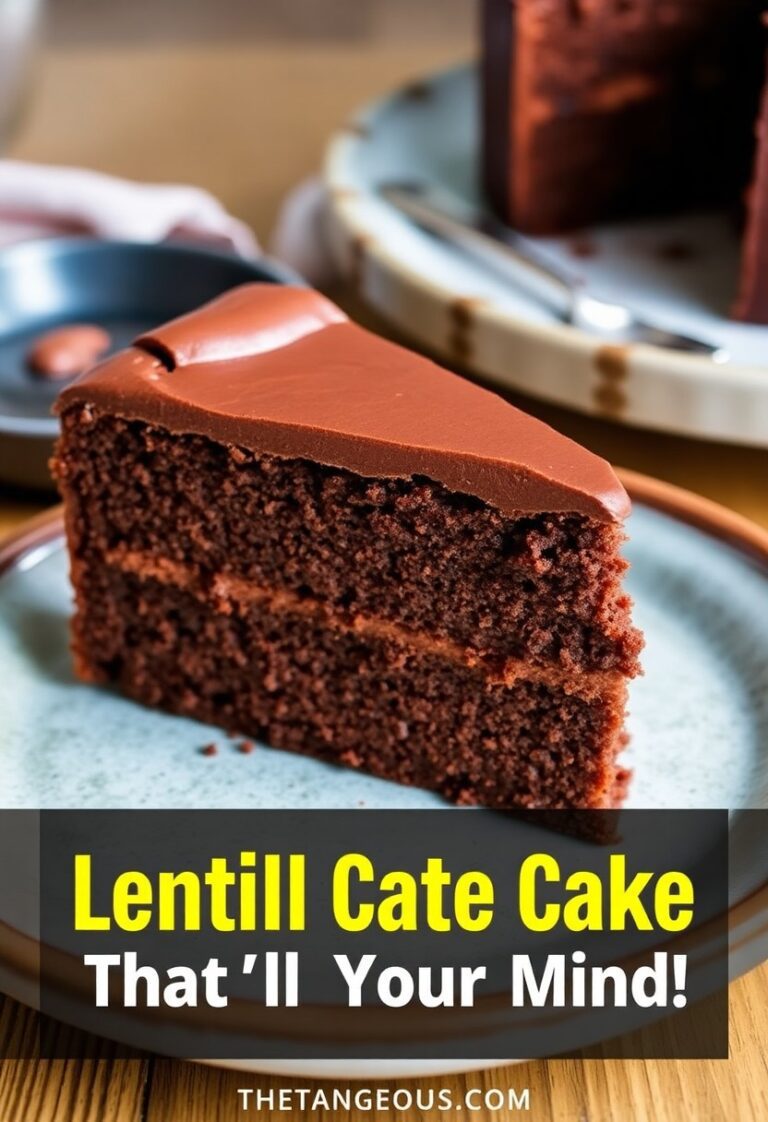 Close-up of a decadent slice of lentil chocolate cake on a rustic plate