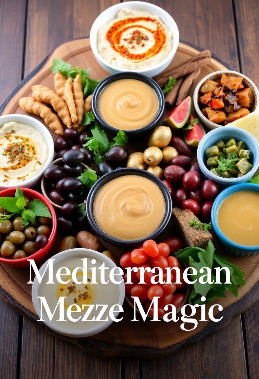 Colorful Mediterranean mezze platter recipe featuring hummus, olives, veggies, and pita bread on rustic wooden board.