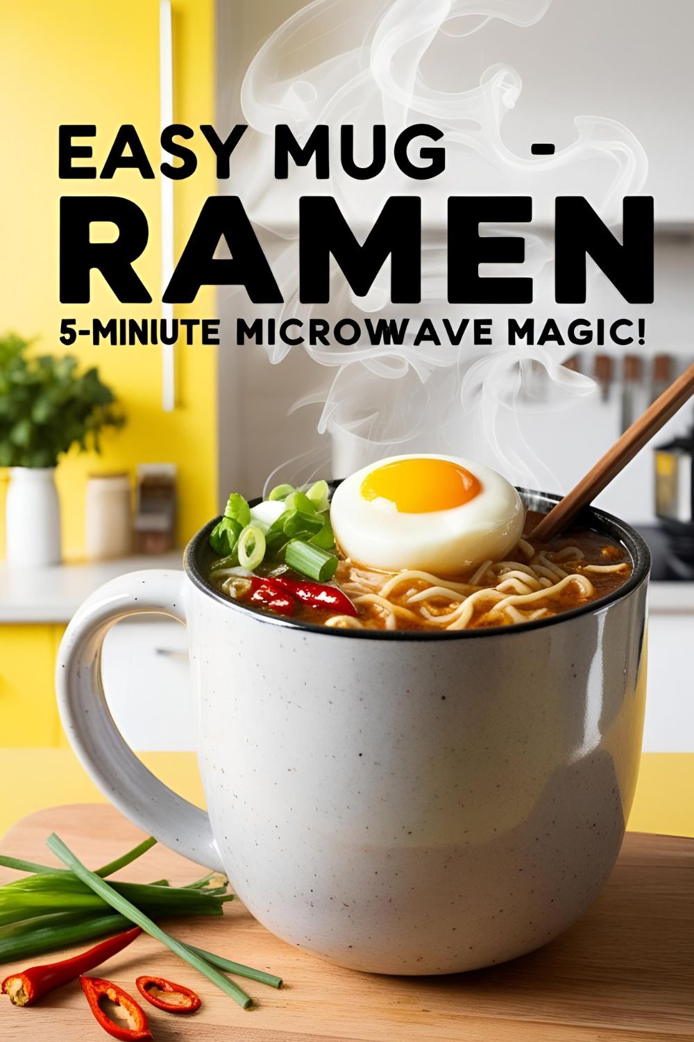A colorful mug of ramen topped with egg and green onions, made quickly in the microwave.