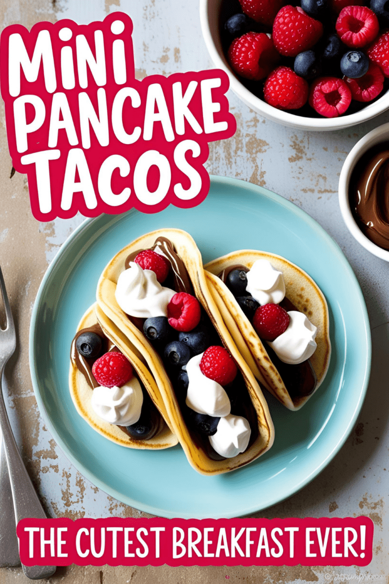 Mini pancake tacos served on a plate, filled with fruit, whipped cream, and chocolate spread.