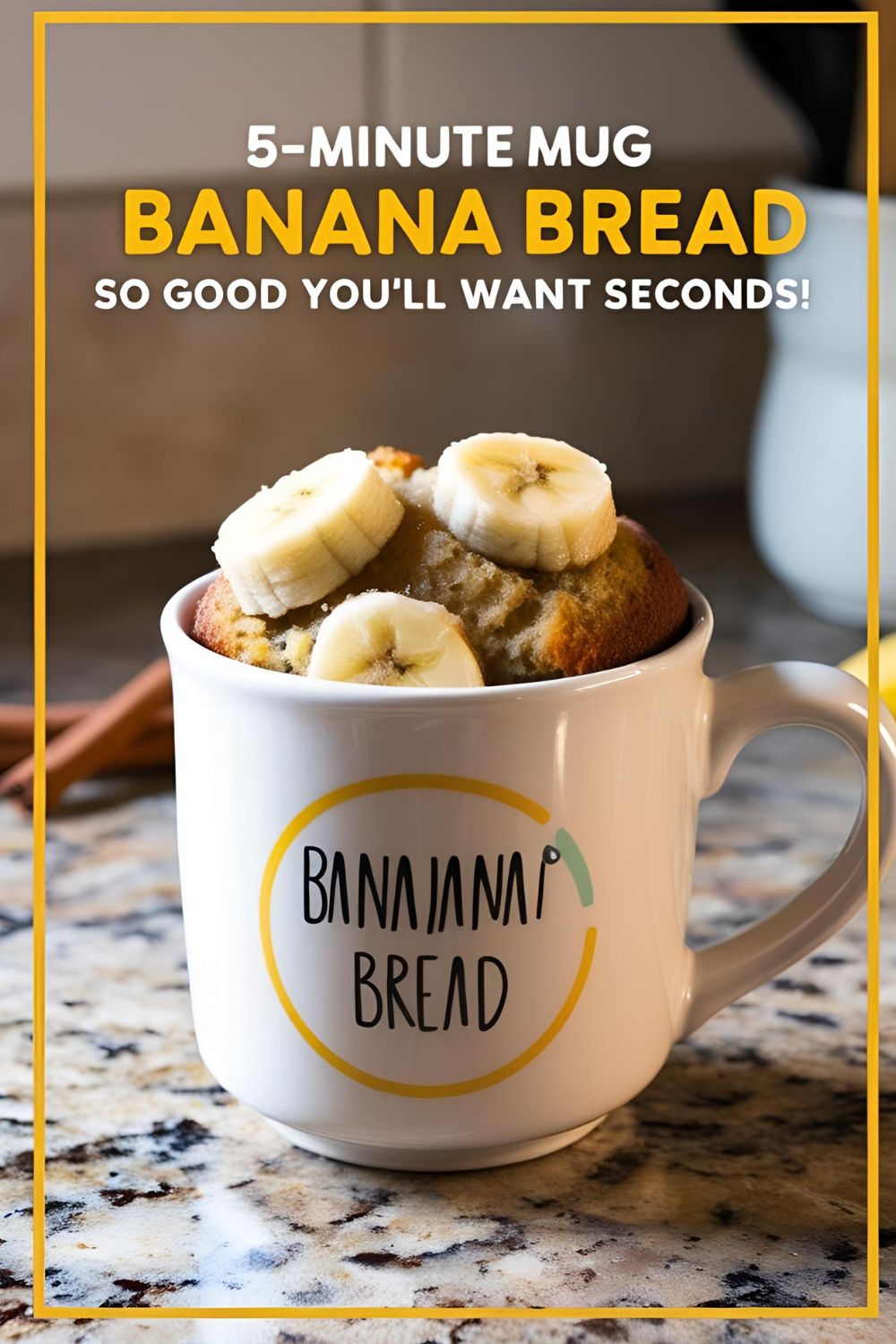 Fluffy banana bread in a mug with chocolate chips and spoon on the side, perfect 5-minute microwave dessert.