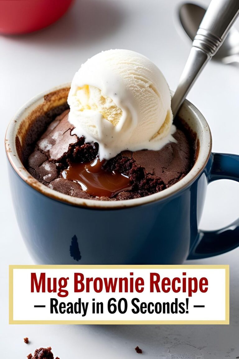 Close-up of gooey mug brownie topped with ice cream in a white mug