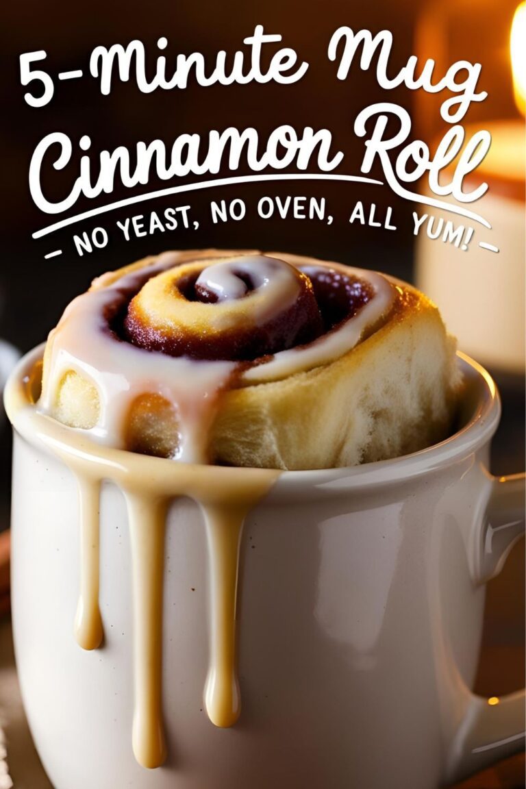Gooey mug cinnamon roll in a microwave-safe mug with icing drizzle