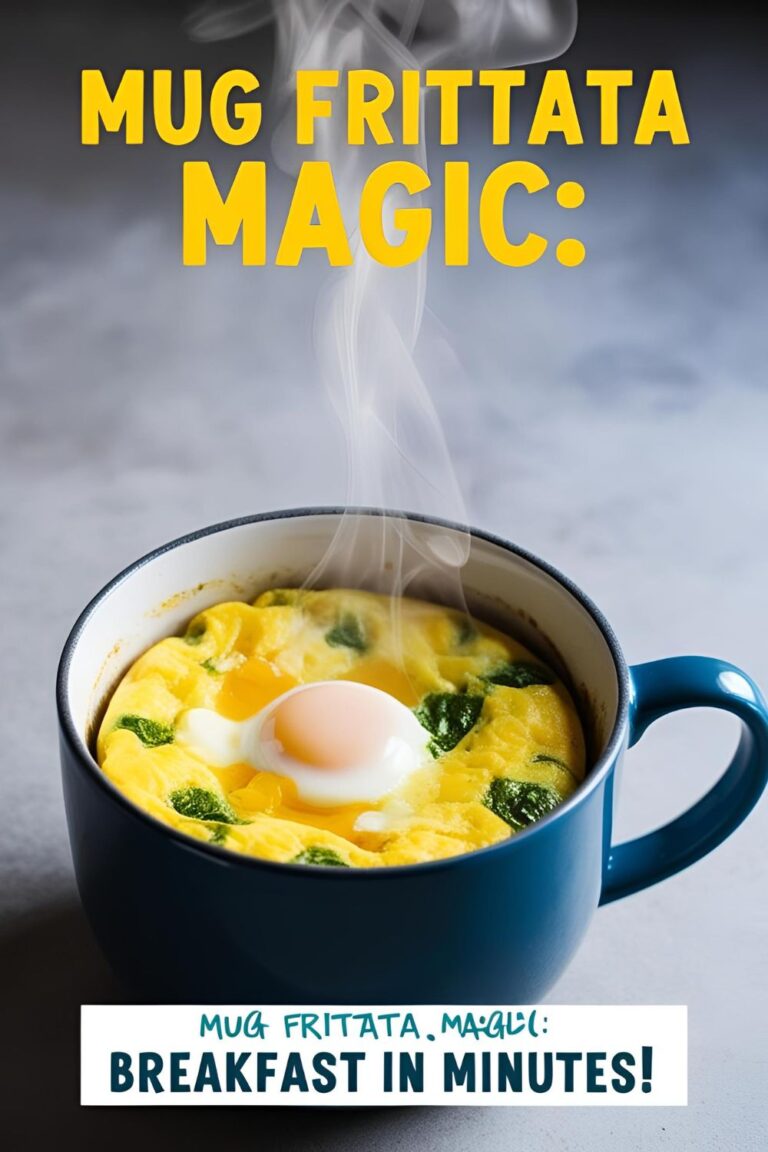 A deliciously fluffy mug frittata made in the microwave, served in a white ceramic mug with colorful veggie toppings.