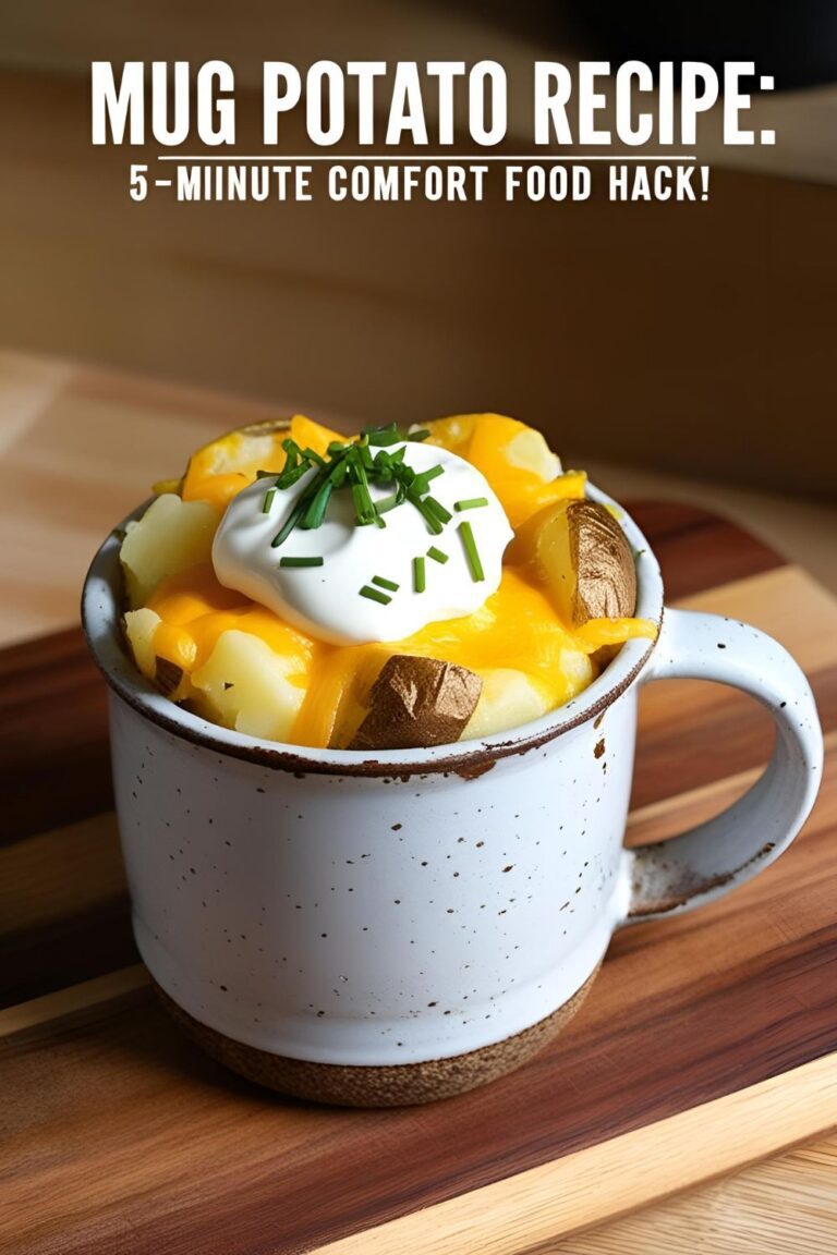 Overhead shot of a cheesy mug potato recipe in a rustic mug, topped with sour cream and chives on a wooden table.