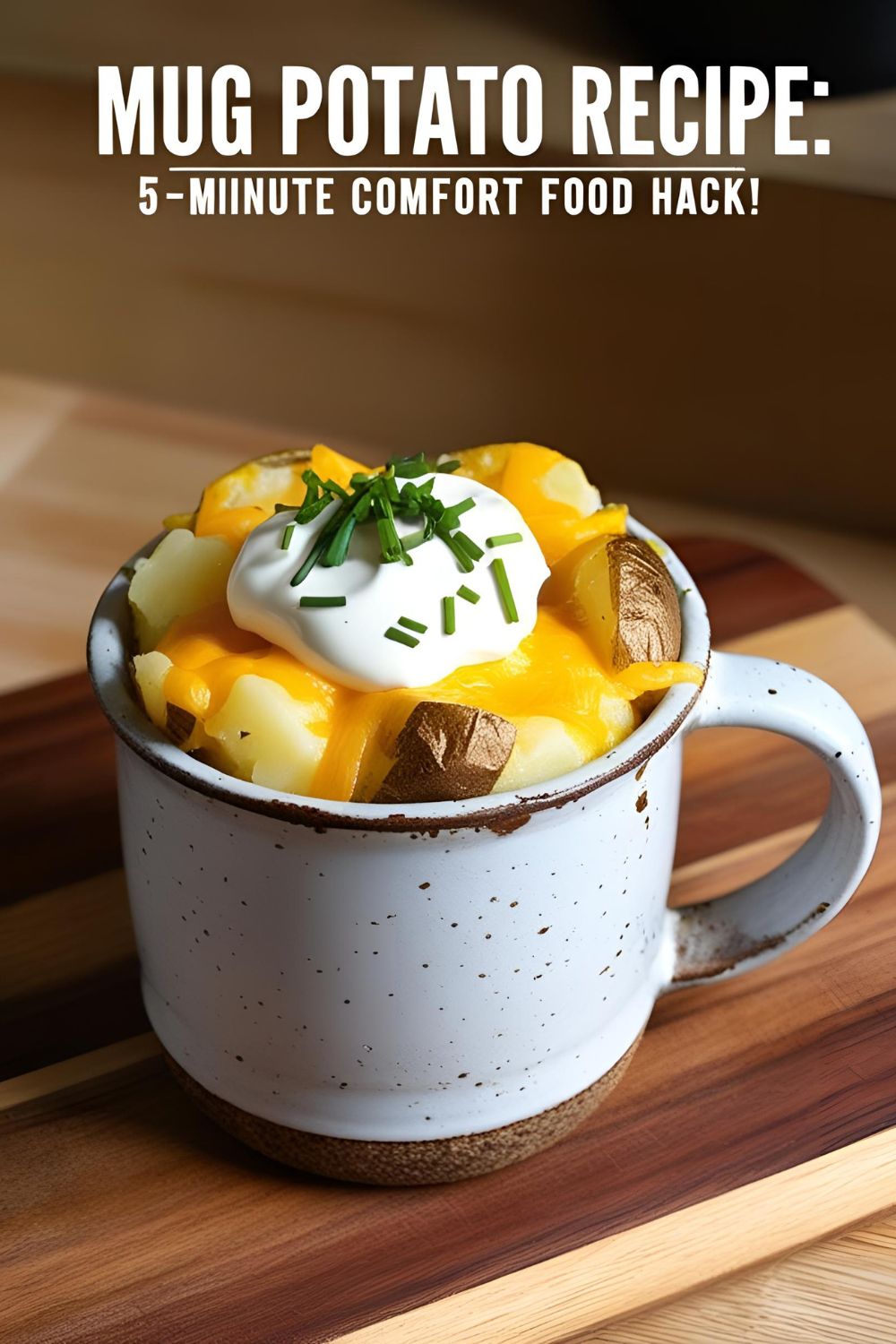 Overhead shot of a cheesy mug potato recipe in a rustic mug, topped with sour cream and chives on a wooden table.