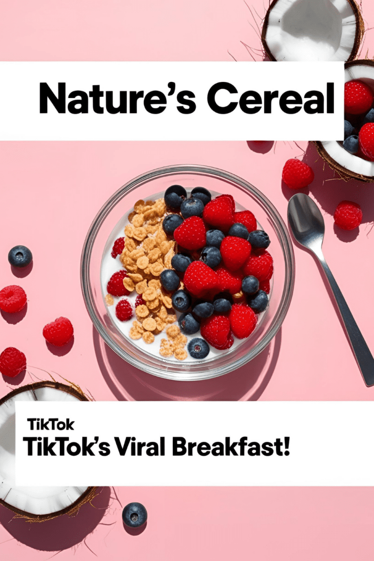 A vibrant bowl of nature’s cereal filled with fresh berries and coconut water, the perfect TikTok-inspired breakfast idea.