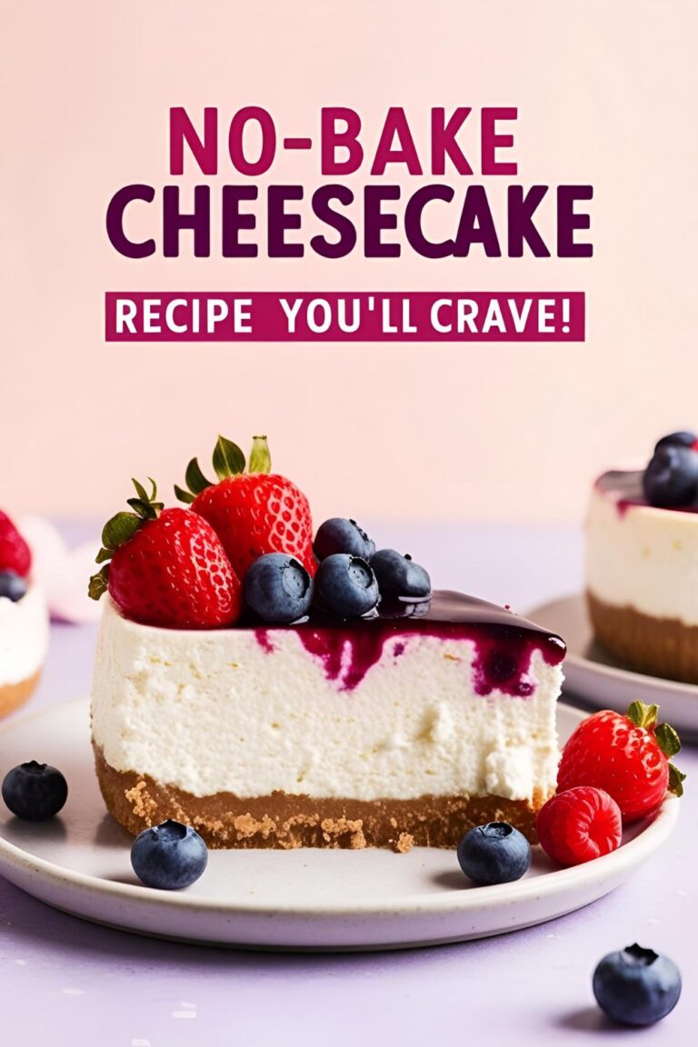Creamy no-bake cheesecake topped with berries on a cake stand