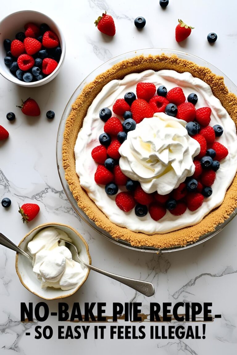 Creamy no-bake pie topped with whipped cream and berries in a graham cracker crust