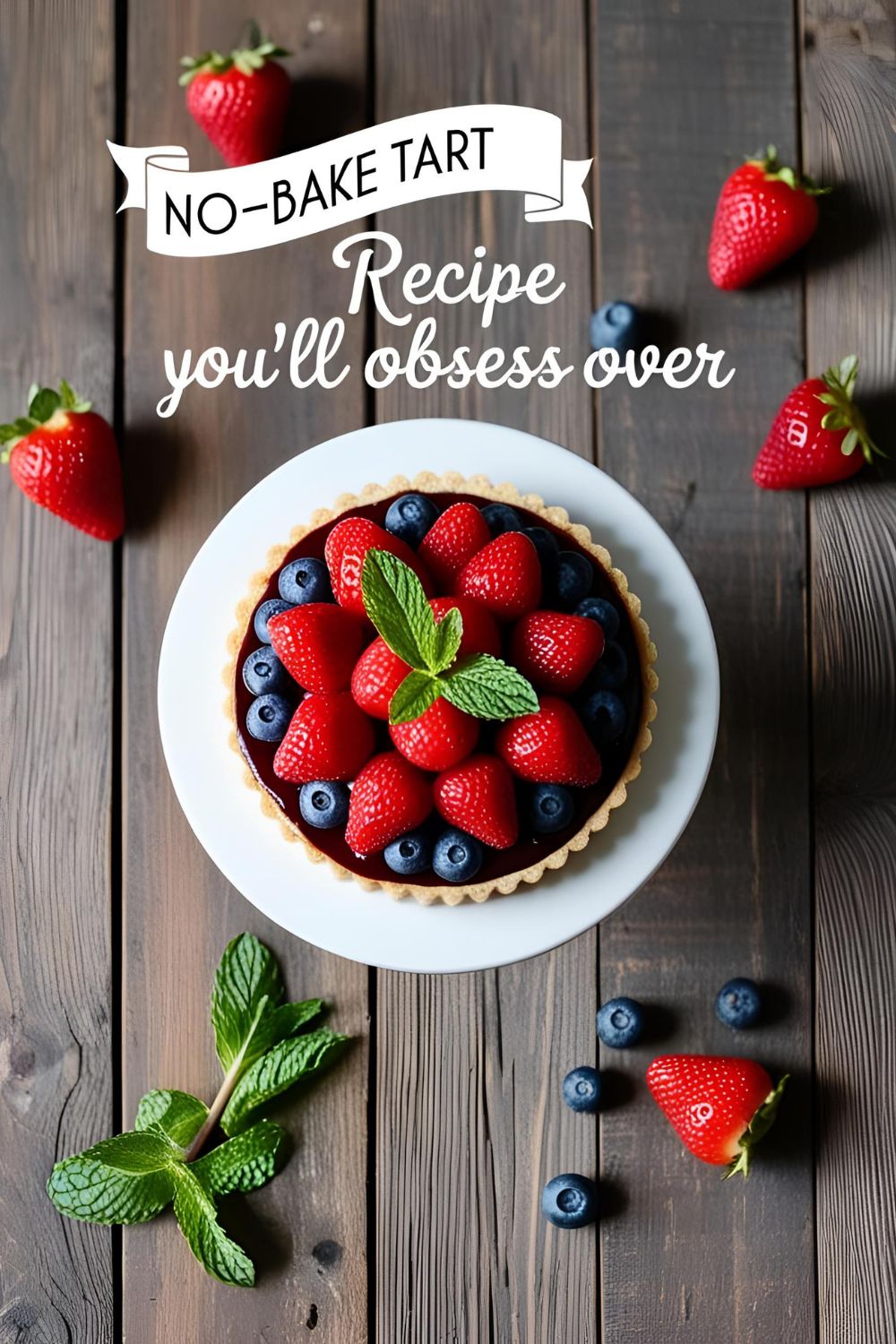 Close-up of a no-bake tart topped with berries and mint on a rustic table.