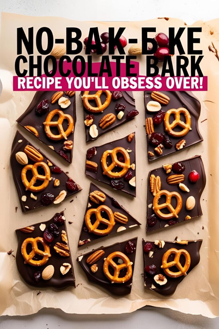 : Overhead view of festive no-bake chocolate bark with toppings, perfect for holidays or gift boxes.