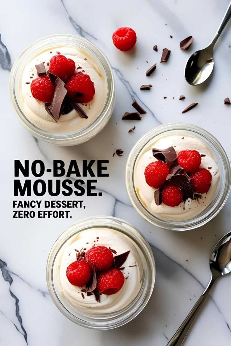 A glass of fluffy no-bake mousse topped with berries and chocolate shavings