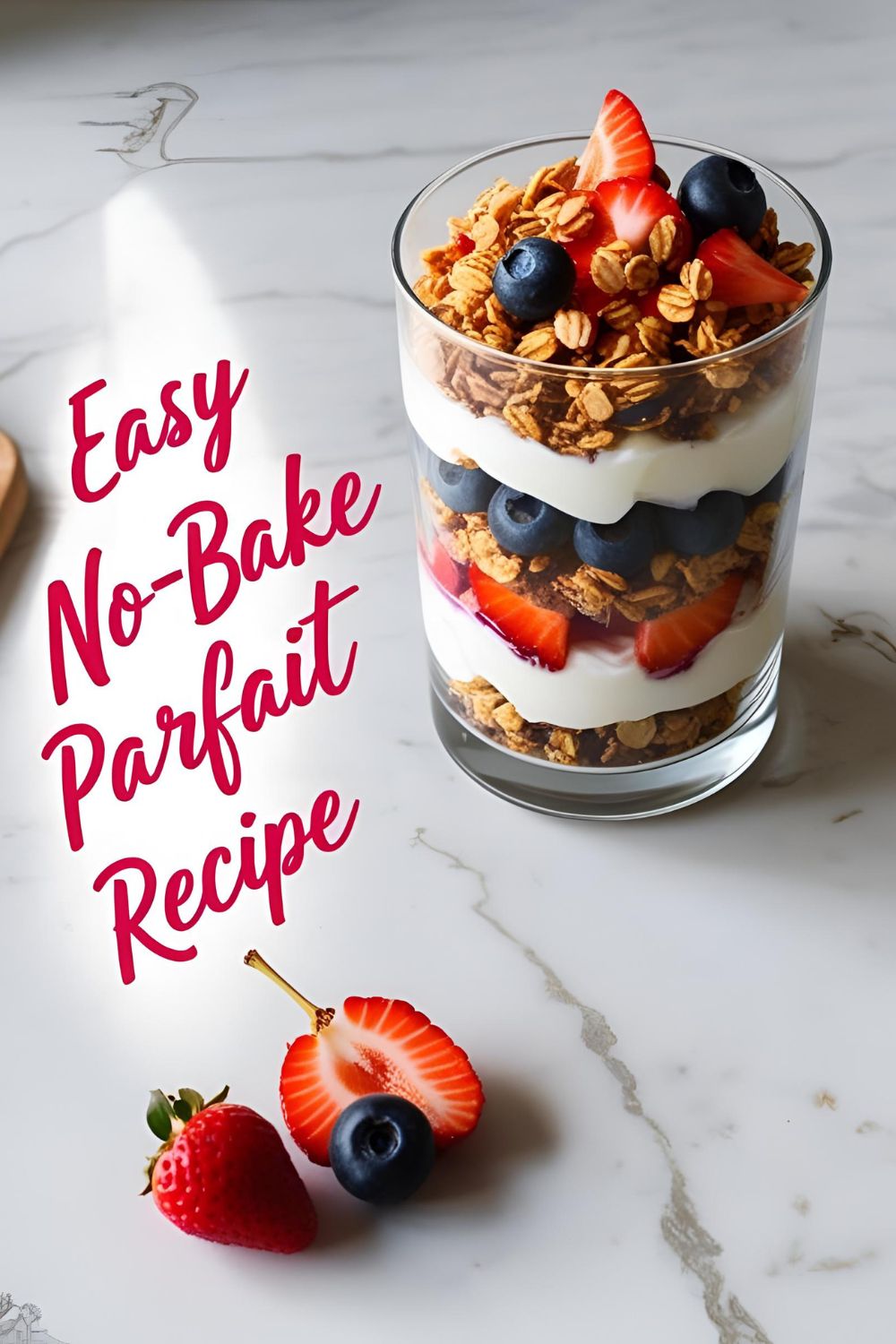 Layered no-bake parfait with granola, yogurt, and fruit in a clear jar on a bright kitchen counter.