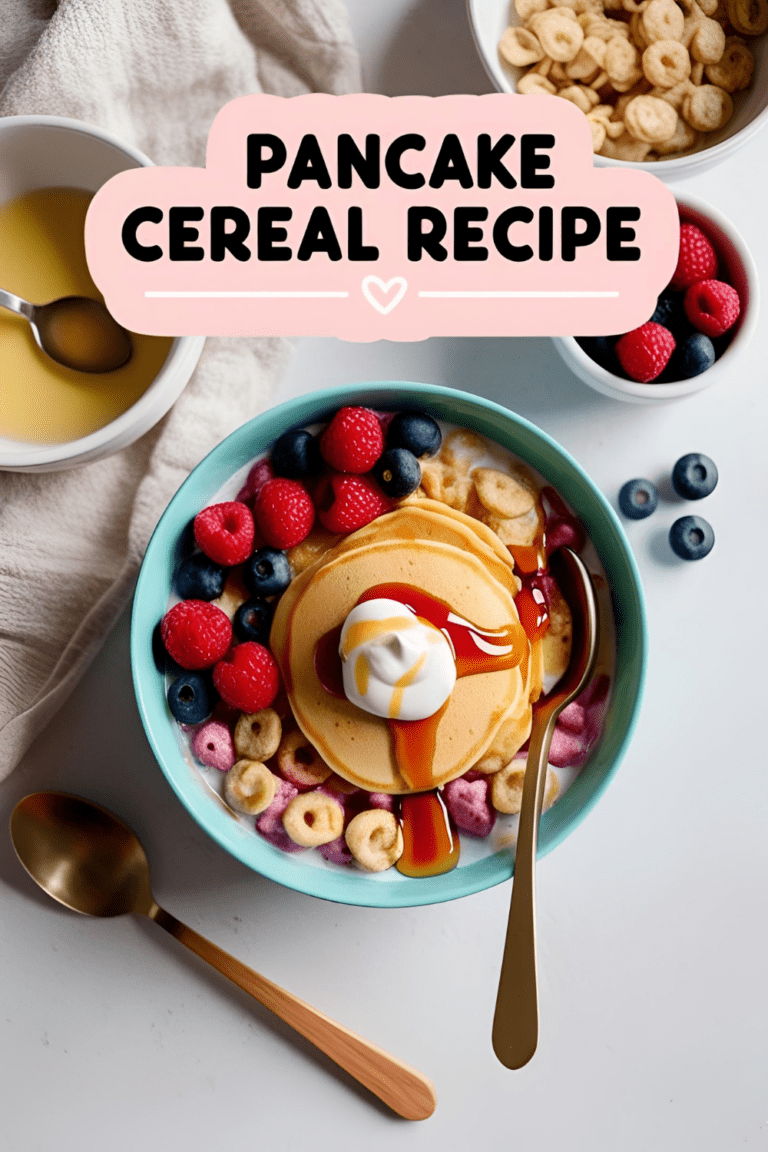 Bowl of pancake cereal topped with syrup and berries on a cozy breakfast table
