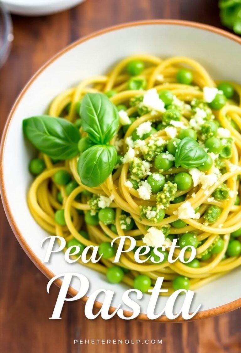A bowl of vibrant pea pesto pasta garn