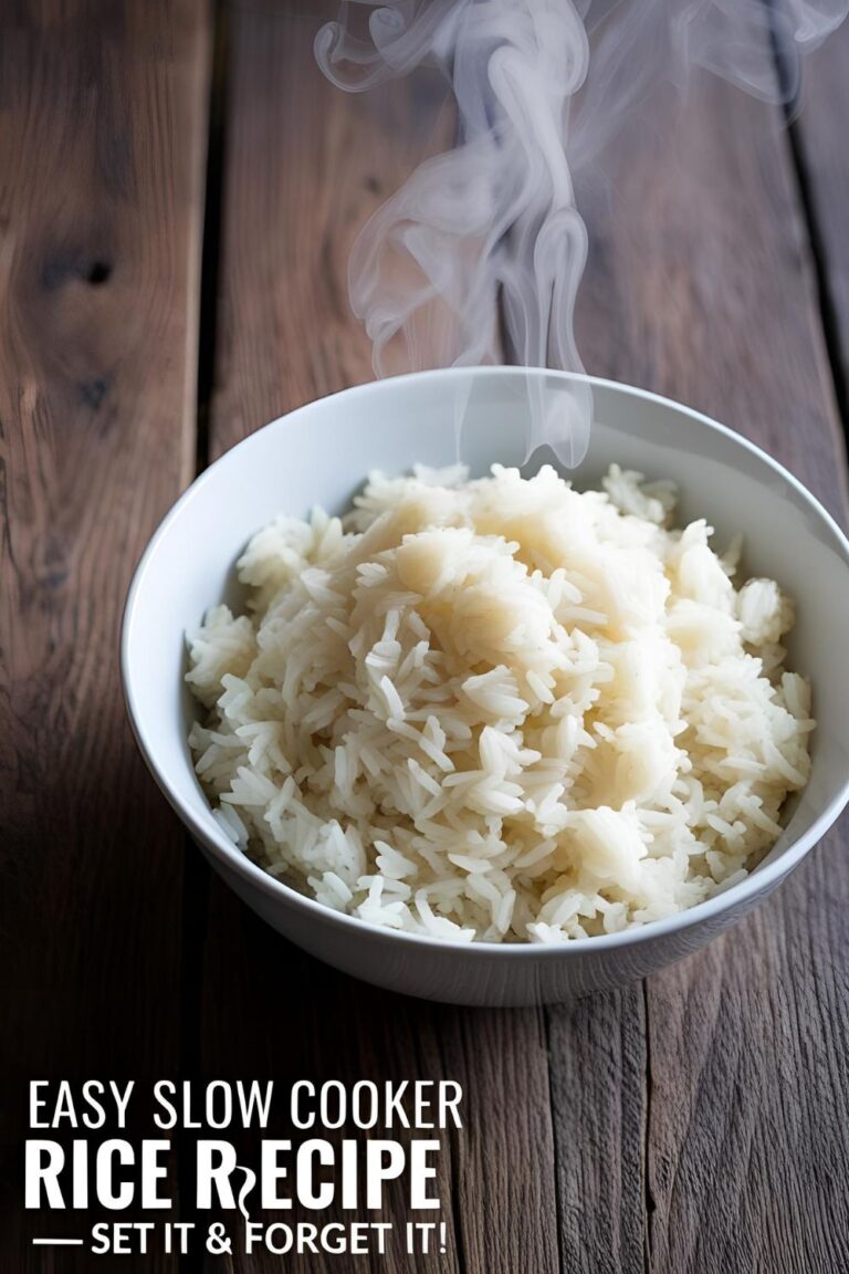 Overhead shot of a bowl of perfectly fluffy white rice, with steam rising, on a wooden table — easy slow cooker rice recipe.