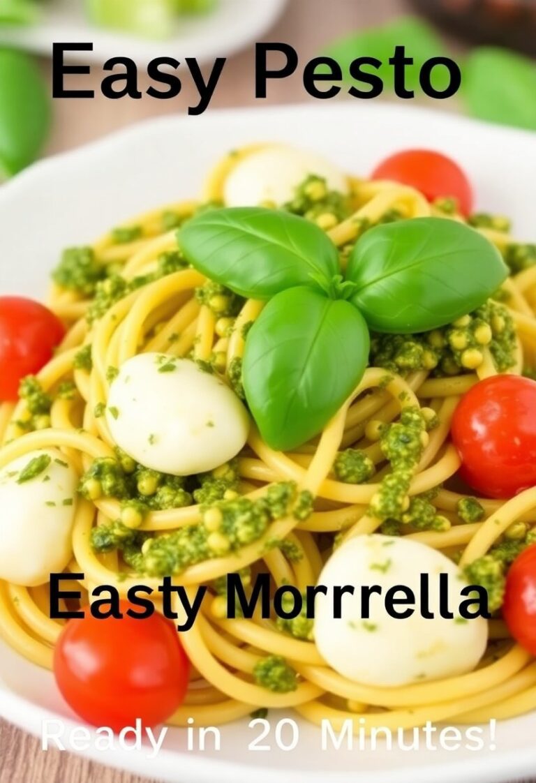A bowl of pesto mozzarella pasta garnished with fresh basil and cherry tomatoes.