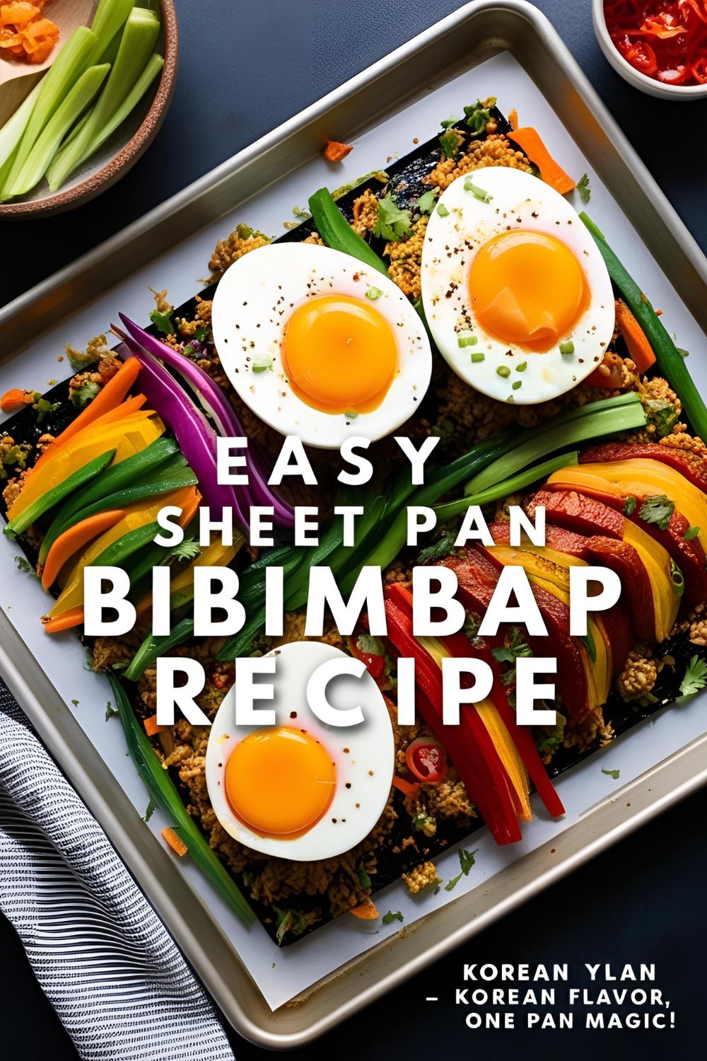 Colorful Korean bibimbap in a sheet pan with roasted vegetables and fried eggs