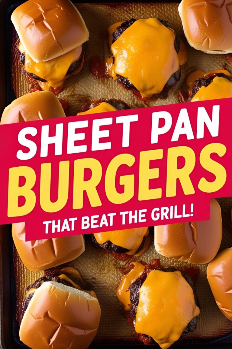 Juicy sheet pan burgers stacked on toasted buns with melted cheese and toppings
