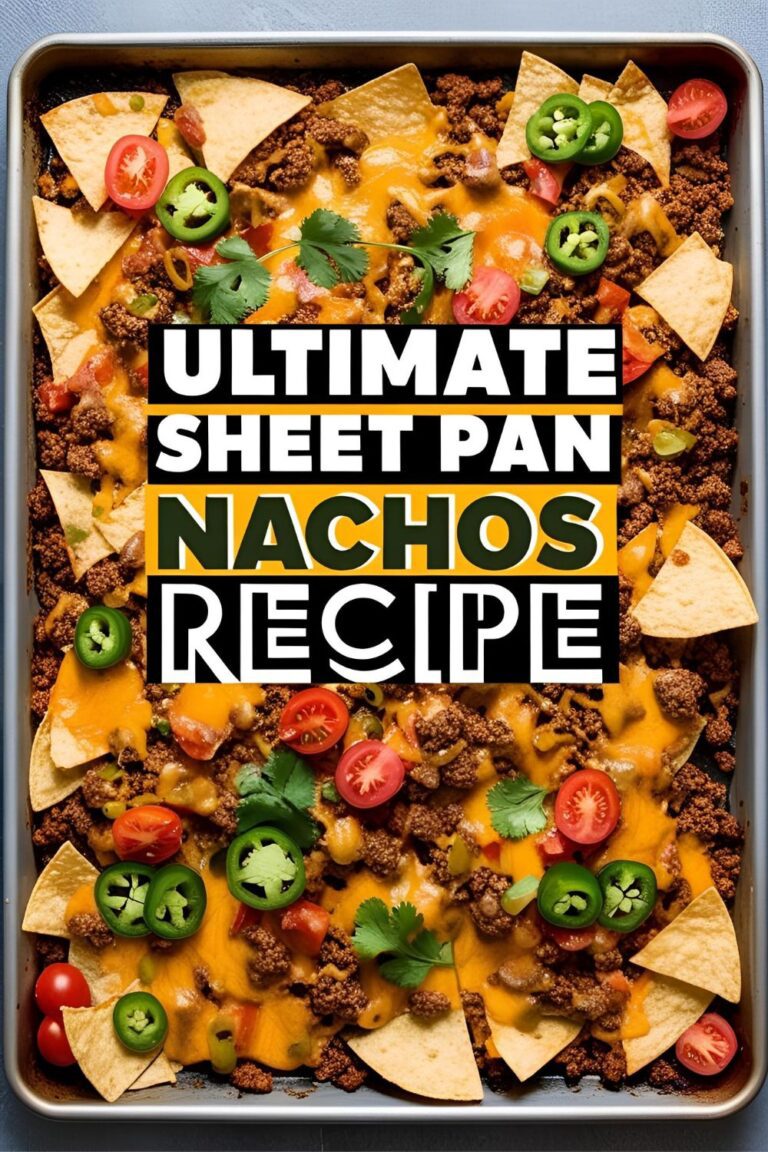 Overhead shot of fully loaded sheet pan nachos with cheese, beef, and toppings, perfect for a party or easy dinner