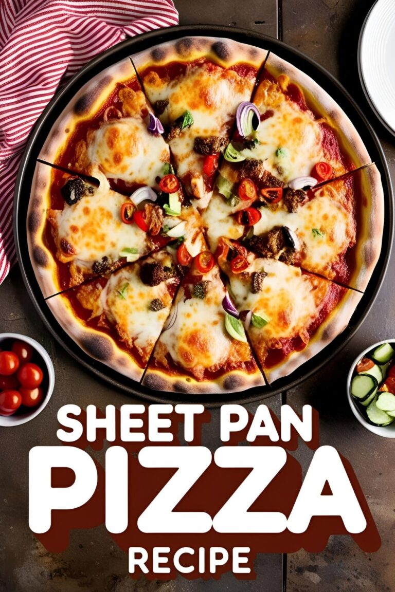 Sheet pan pizza with melted cheese, crispy crust, and colorful toppings on rustic wooden background
