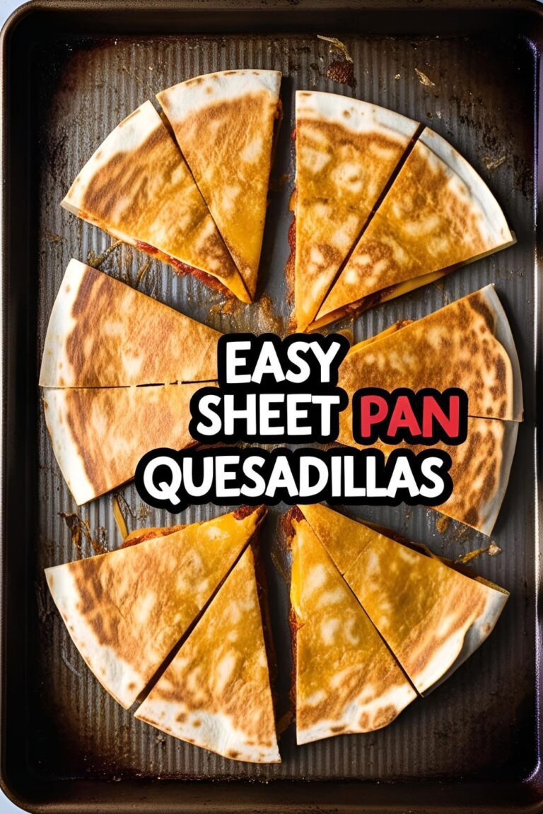Crispy sheet pan quesadillas sliced on a baking tray with melty cheese and toppings.