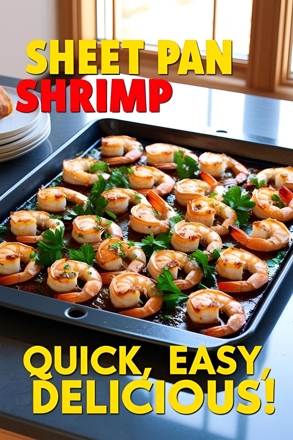 A colorful sheet pan filled with roasted shrimp and vegetables, ready to serve.