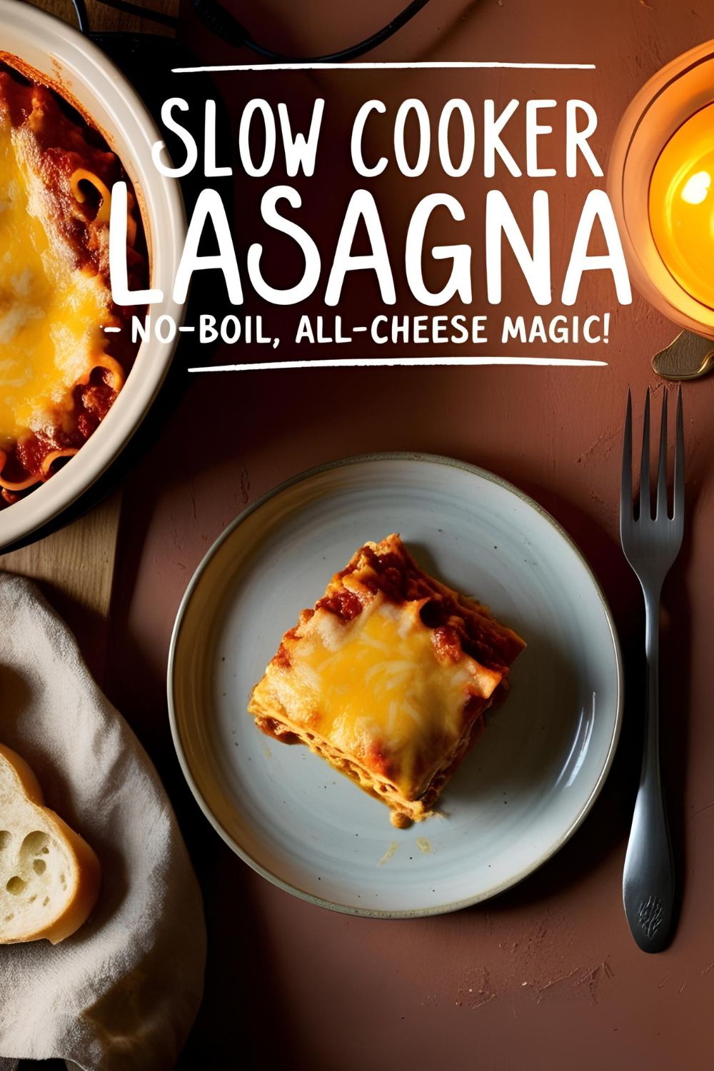 A hearty crockpot lasagna served in a rustic dish, bubbling with cheese and layers of noodles and meat sauce.