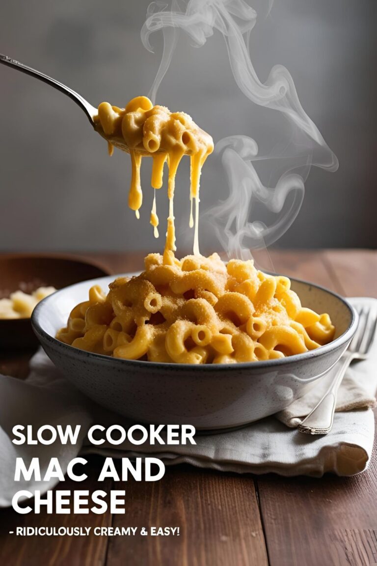 Bowl of creamy slow cooker mac and cheese with melting cheddar and a spoon pulling cheesy strings, text overlay says "Creamy Slow Cooker Mac & Cheese"