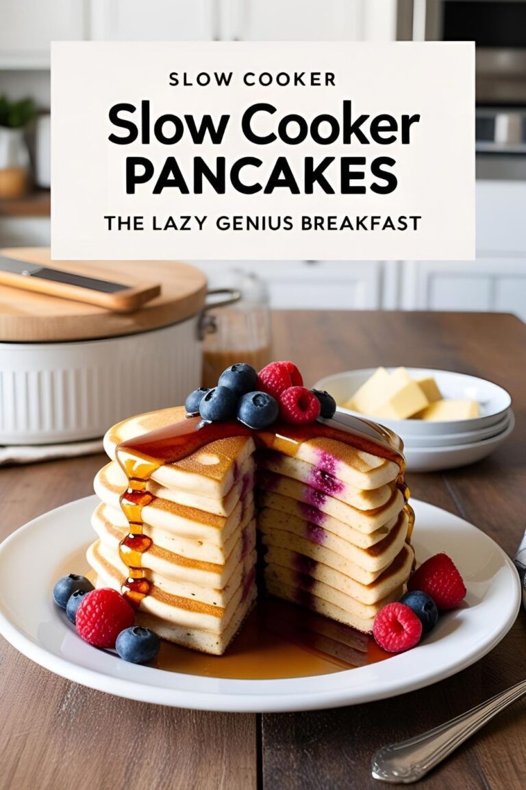 Fluffy slow cooker pancakes sliced like a cake for the ultimate no-flip breakfast