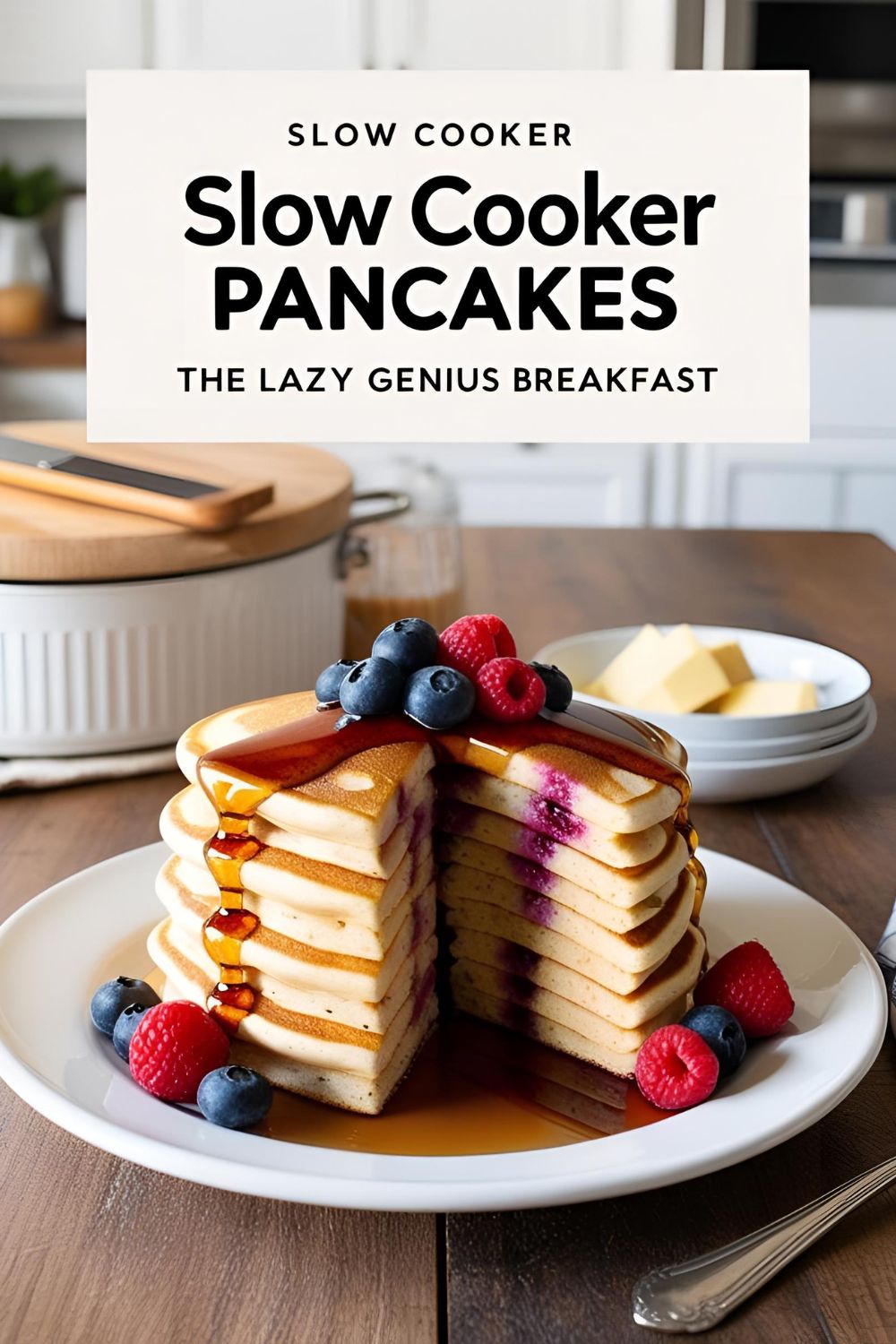 Fluffy slow cooker pancakes sliced like a cake for the ultimate no-flip breakfast