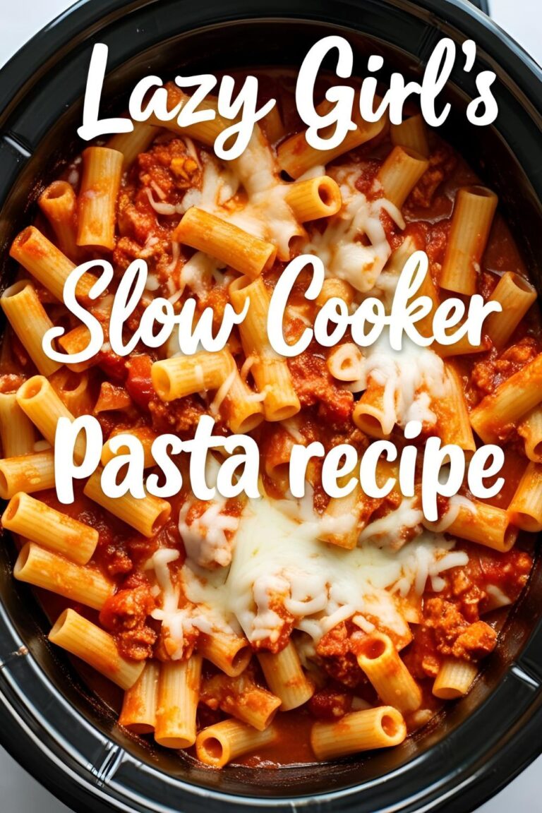 Overhead shot of cheesy slow cooker pasta with text overlay for a cozy and lazy dinner idea