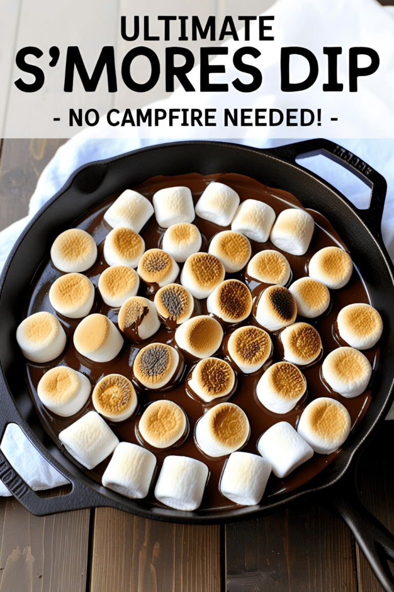 A skillet of baked s’mores dip with golden marshmallows and melted chocolate, surrounded by graham crackers