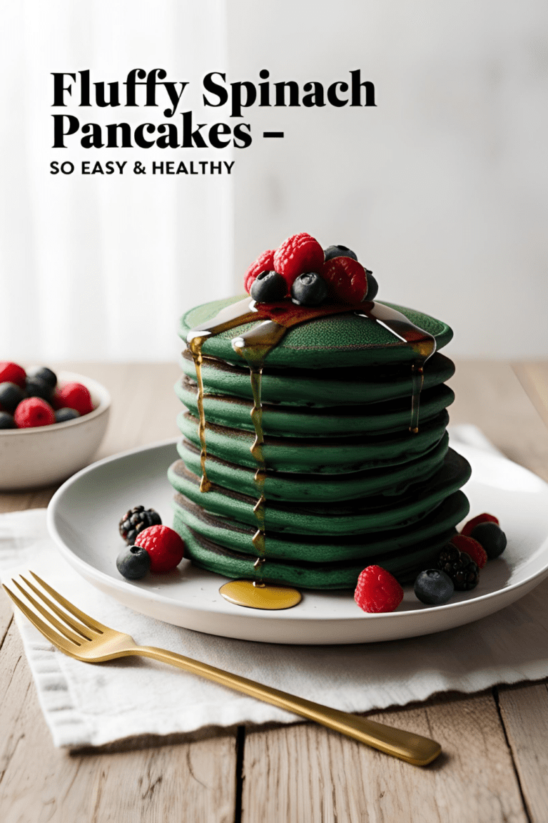 Fluffy spinach pancakes stacked with syrup and berries, perfect for a healthy vegetarian breakfast or brunch.