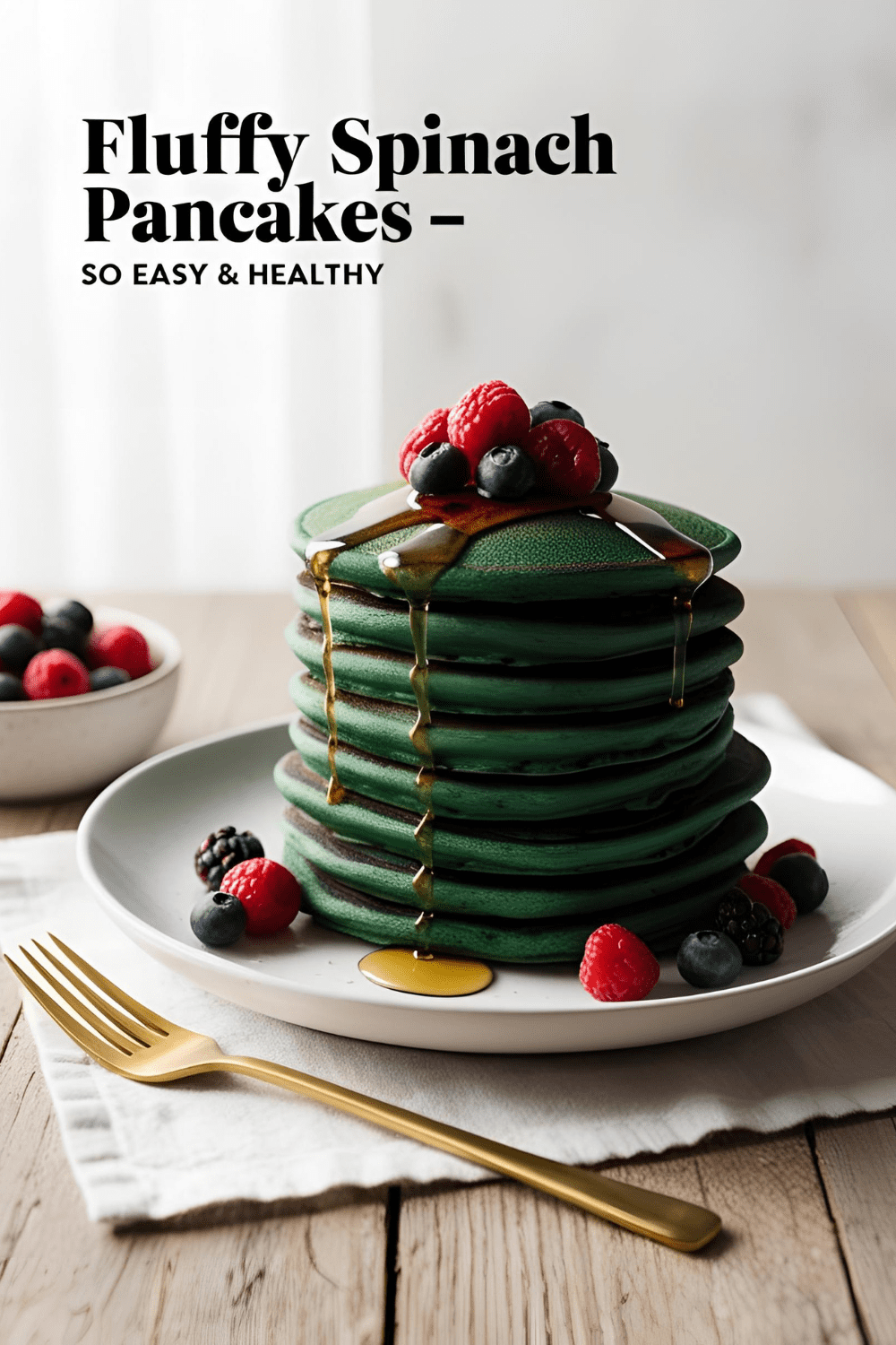 Fluffy spinach pancakes stacked with syrup and berries, perfect for a healthy vegetarian breakfast or brunch.