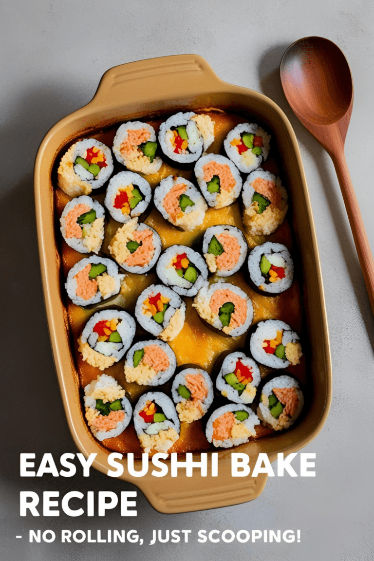 Easy sushi bake casserole recipe topped with spicy mayo and furikake, served ready to scoop.