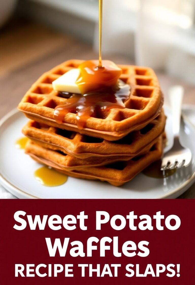 Stack of golden sweet potato waffles topped with butter and syrup on a cozy brunch table