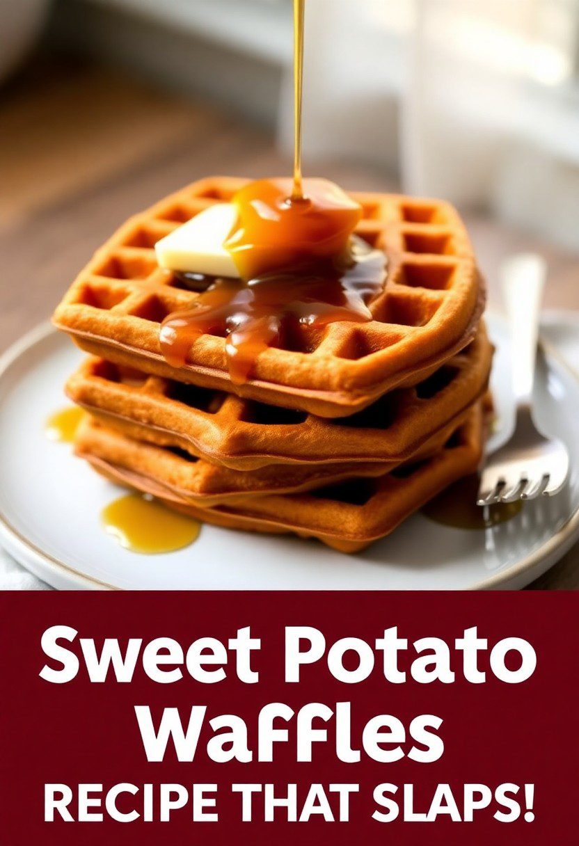 Stack of golden sweet potato waffles topped with butter and syrup on a cozy brunch table
