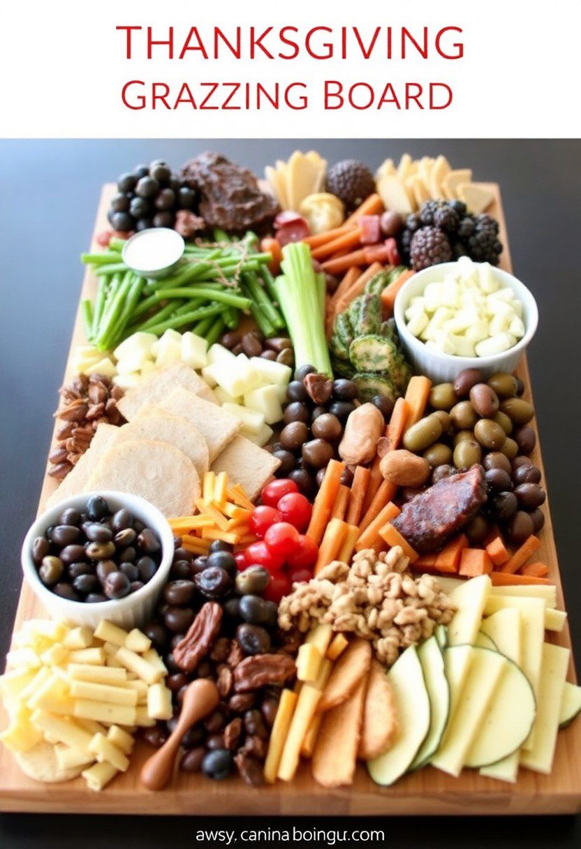 Thanksgiving grazing board featuring meats, cheeses, fruits, and dips for a fun holiday spread.