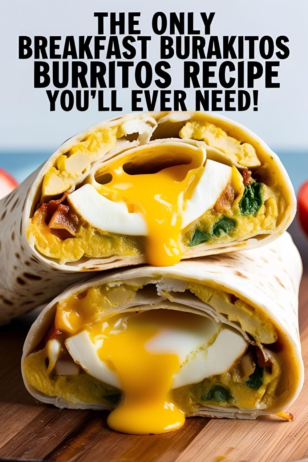 A close-up image of a cheesy, golden brown breakfast burrito with eggs and sausage inside.