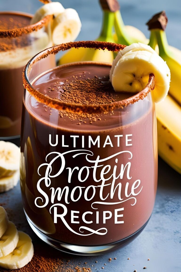 A tall glass of chocolate banana protein smoothie topped with sliced banana and chia seeds, placed on a rustic wooden counter with a straw.