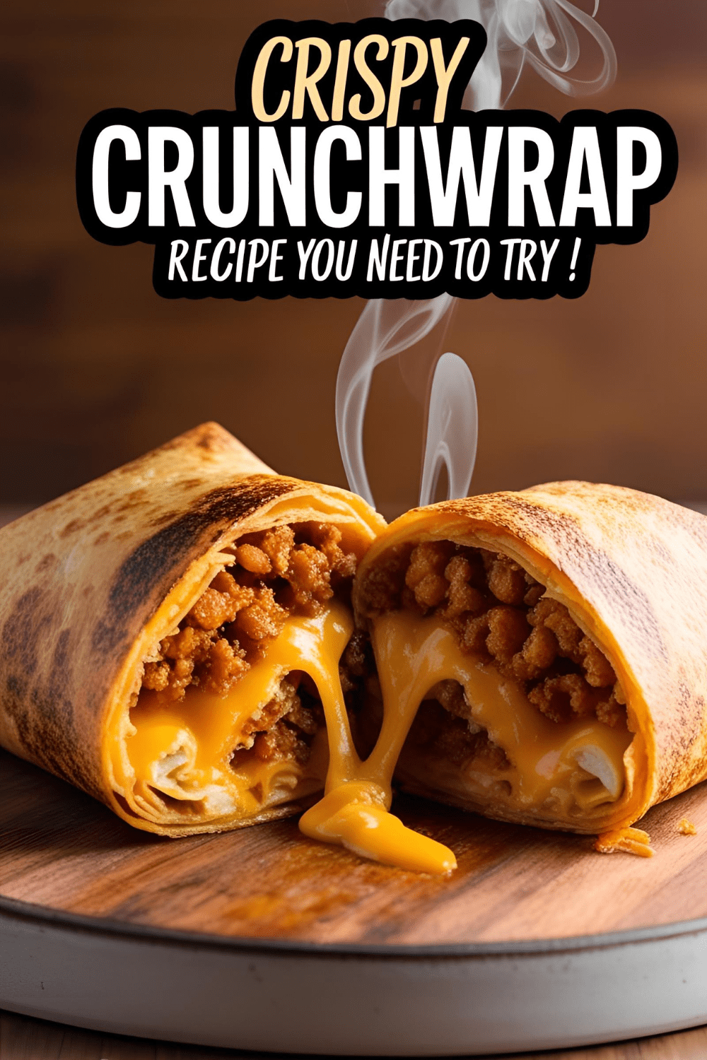 Golden crispy crunchwrap sliced open with cheesy layers inside on a white plate.
