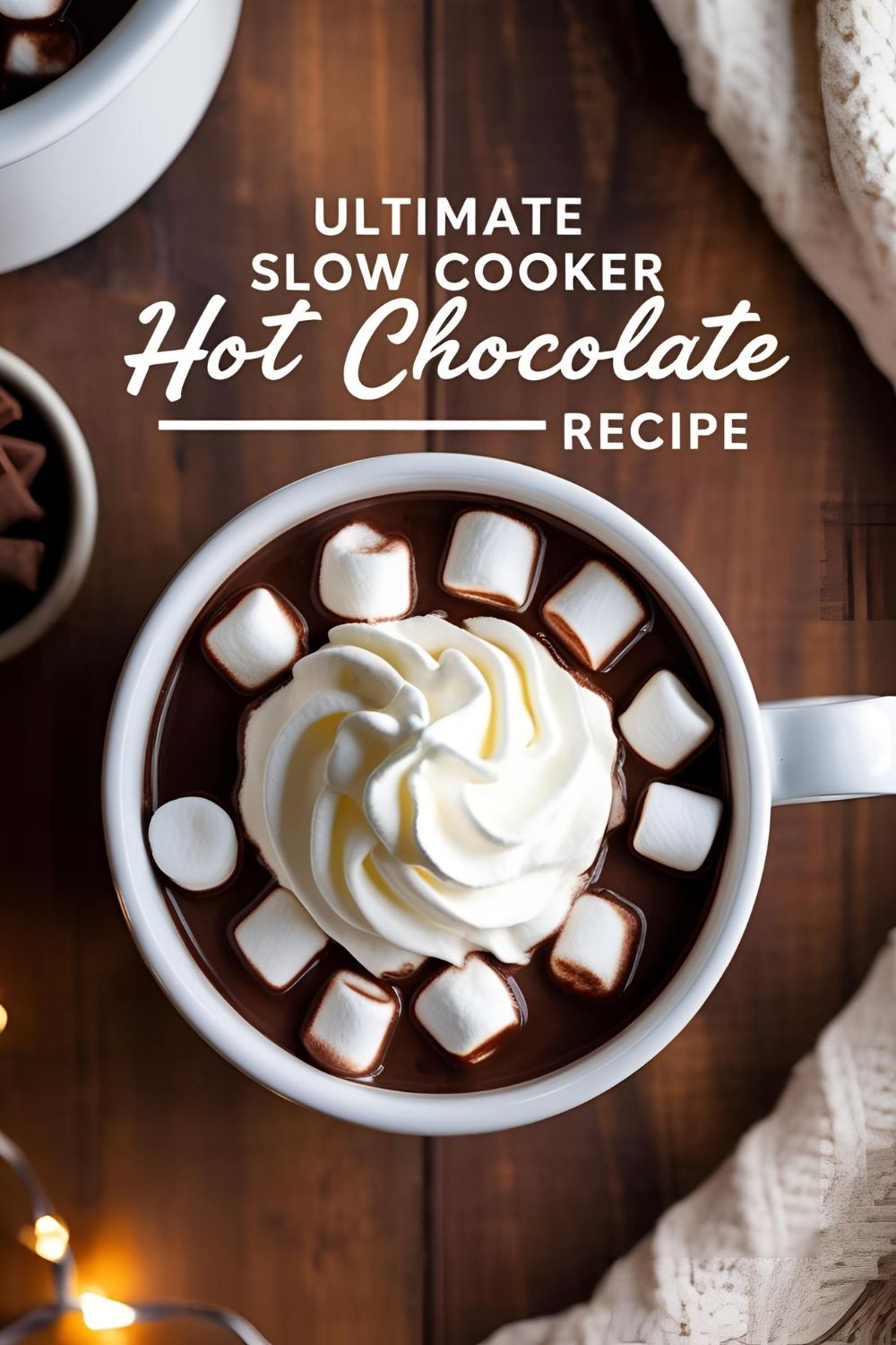 Creamy slow cooker hot chocolate recipe in white mug with marshmallows and chocolate shavings for winter gatherings