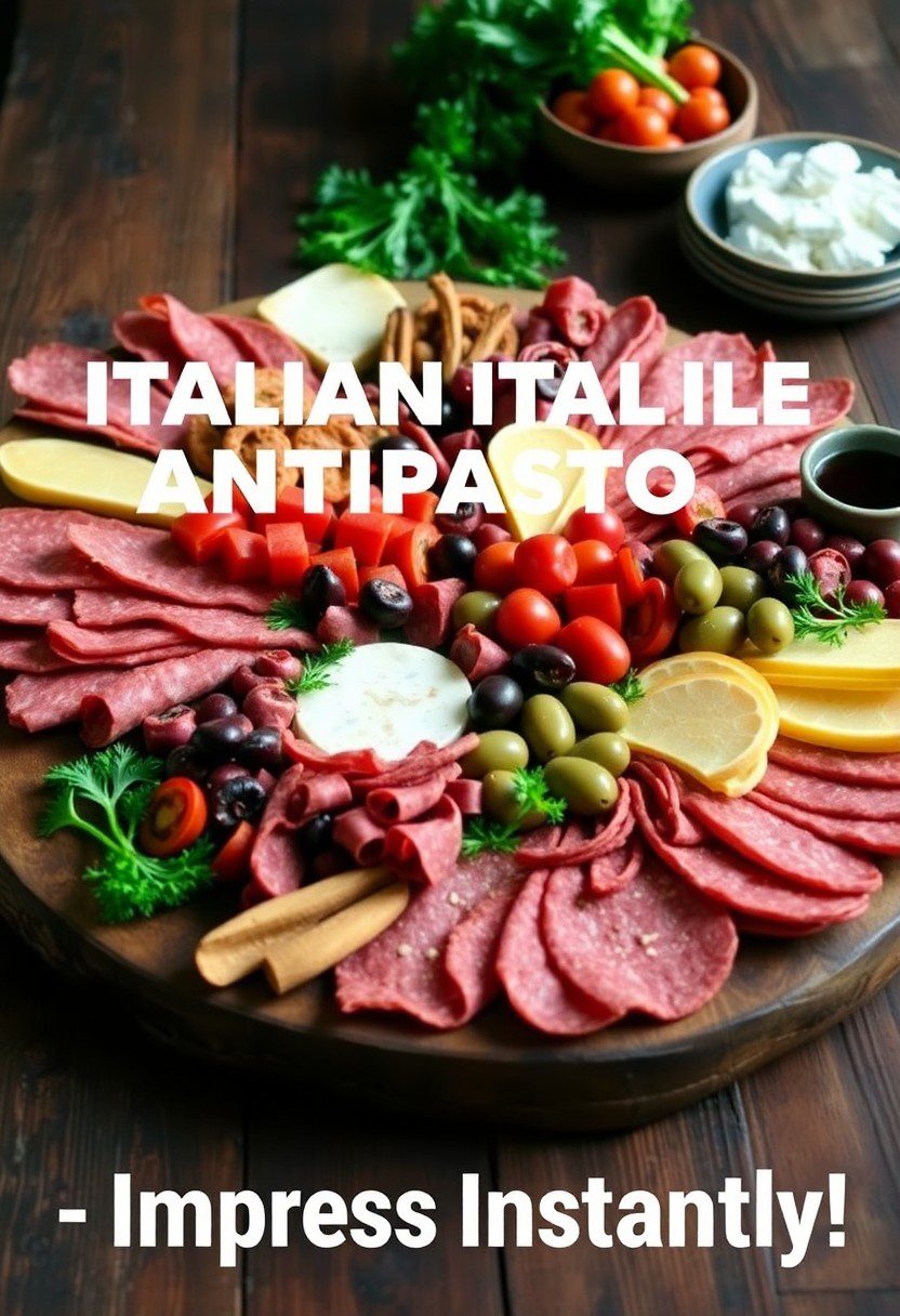 A vibrant Italian antipasto board packed with meats, cheeses, and veggies, styled for an epic party appetizer.