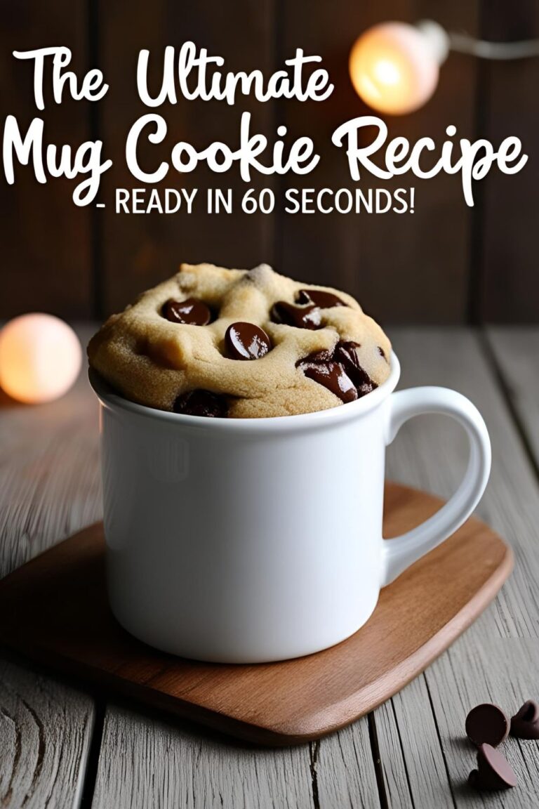 Gooey chocolate chip mug cookie in white mug, made in microwave with easy pantry ingredients.