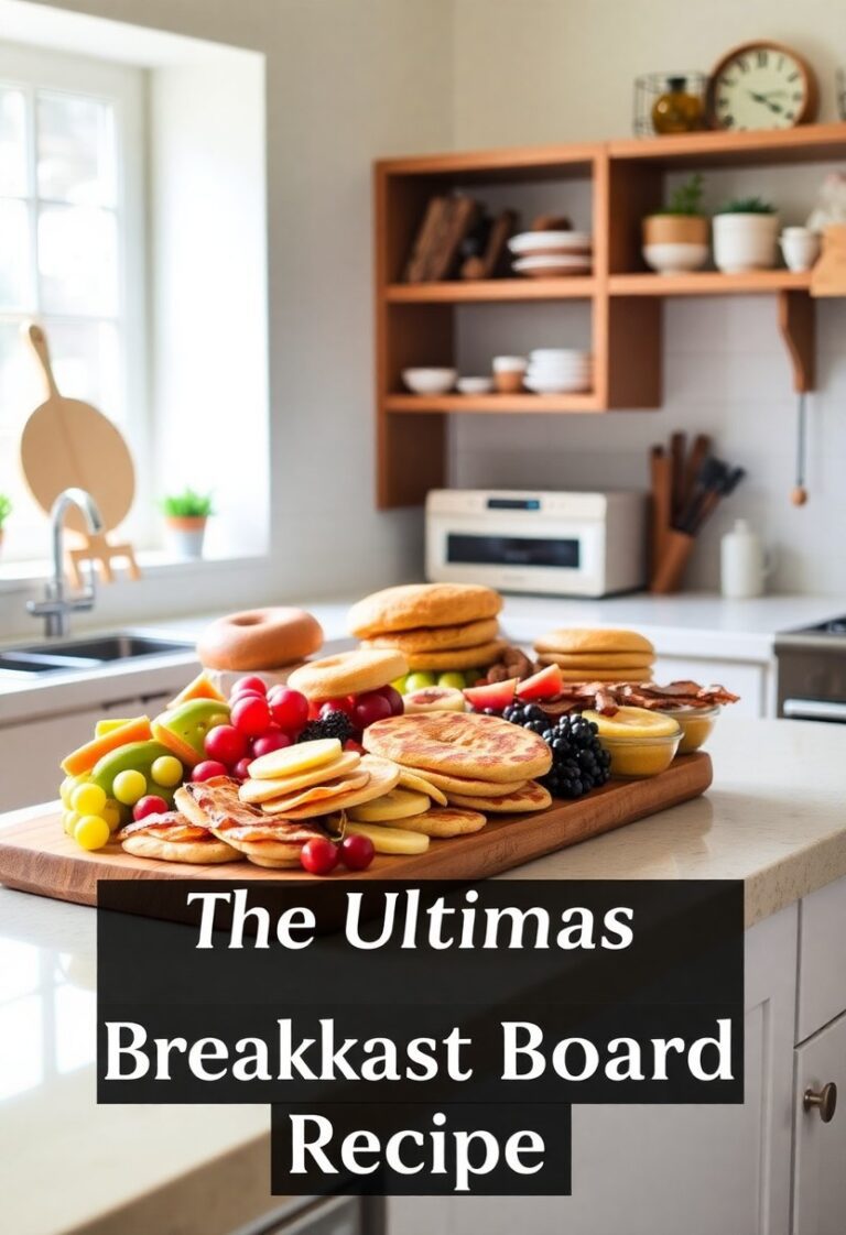 A stunning breakfast board filled with fruits, bagels, bacon, pancakes, and jams, perfect for a brunch gathering.