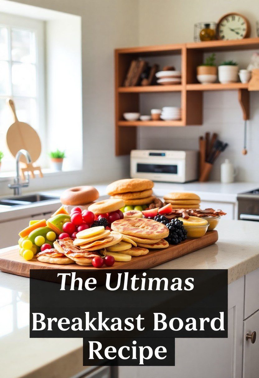 A stunning breakfast board filled with fruits, bagels, bacon, pancakes, and jams, perfect for a brunch gathering.