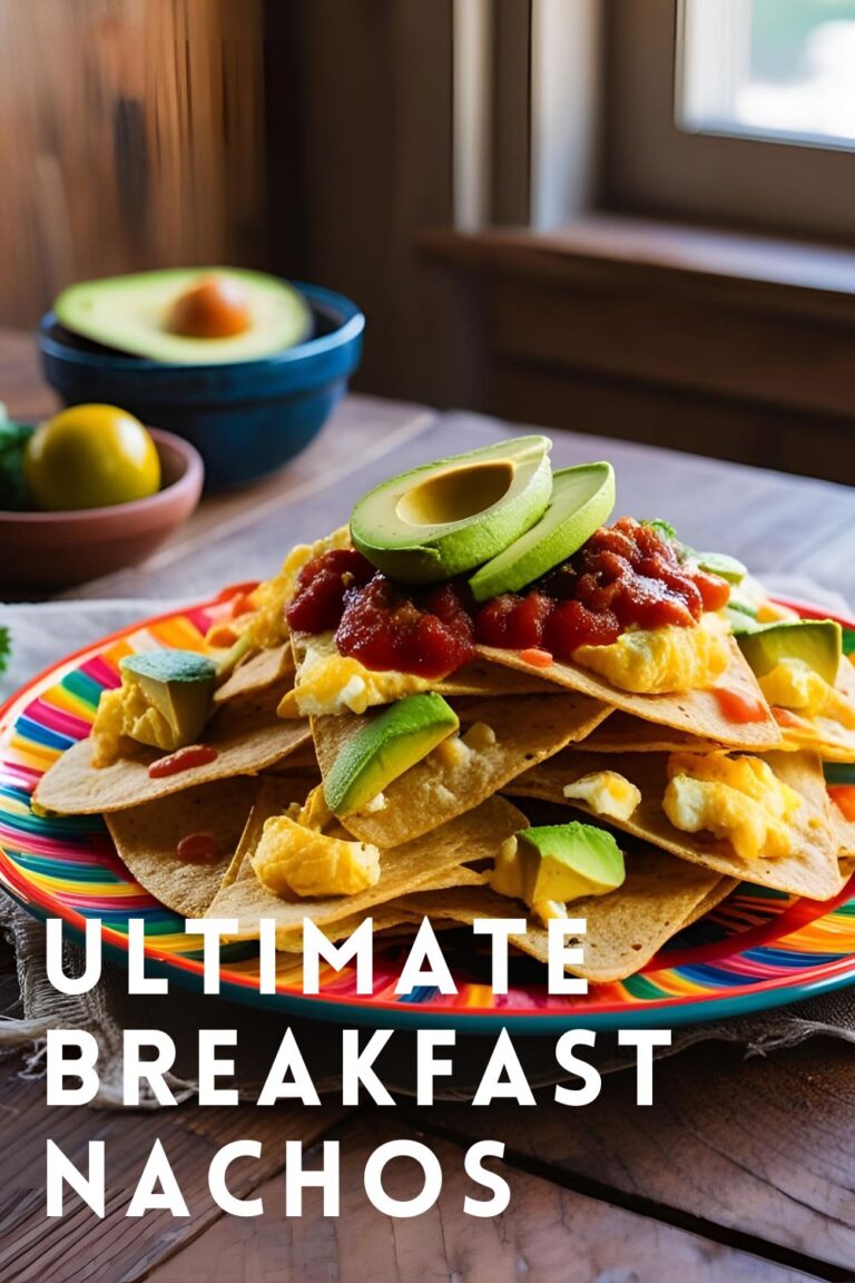 A plate of loaded breakfast nachos with eggs, cheese, and fresh toppings.